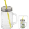 Geschirr<Glas mit Metalldeckel und Strohhalm 450 ml