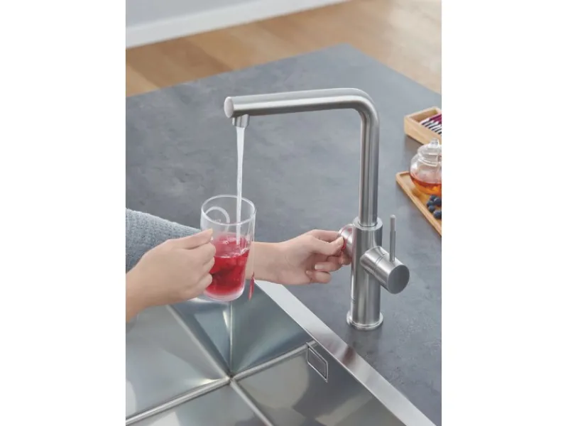 Online L-Auslauf Armatur und Boiler Red Duo L-Size Supersteel Einhebelmischer