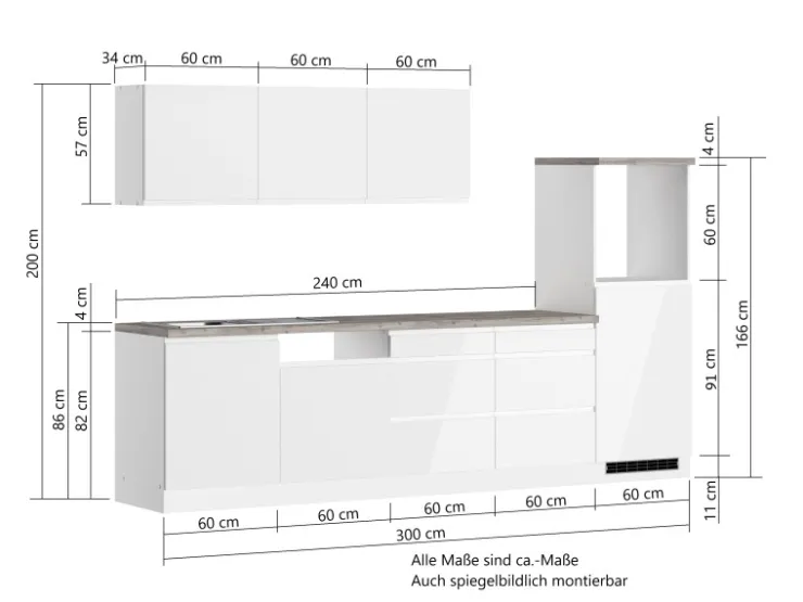 Clearance Held Möbel Held Küchen Küchenzeile Gera 300 cm Weiß/Wotan ohne E-Geräte