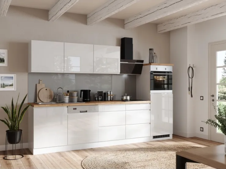 Discount Held Küchen Küchenzeile Gera 300 cm Weiß/Beton mit E-Geräten /autark Gefrierschränke