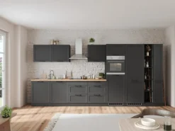 Clearance Held Küchen Küchenzeile Kempten 420 cm Grau/Graphit ohne E-Geräte Einbauküchen|Küchenschränke