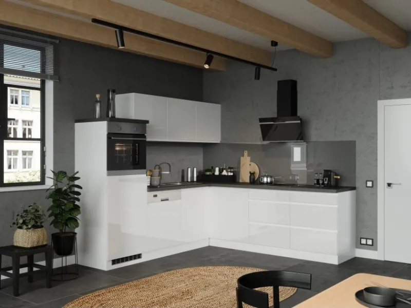 Best Held Küchen Winkelküche Gera 240 cm Weiß/Beton ohne E-Geräte /autark Winkelküchen