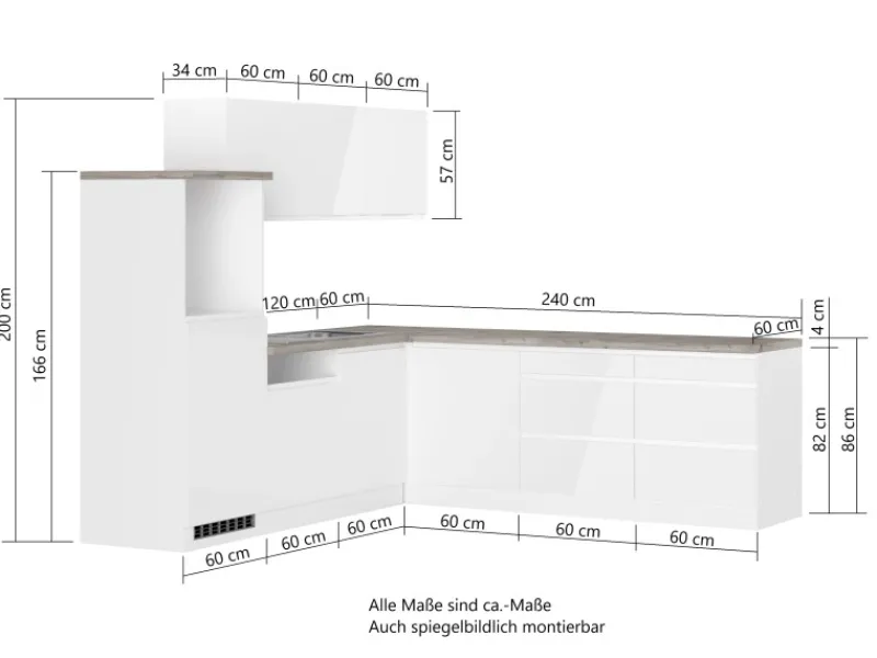 Best Held Küchen Winkelküche Gera 240 cm Weiß/Beton ohne E-Geräte /autark Winkelküchen