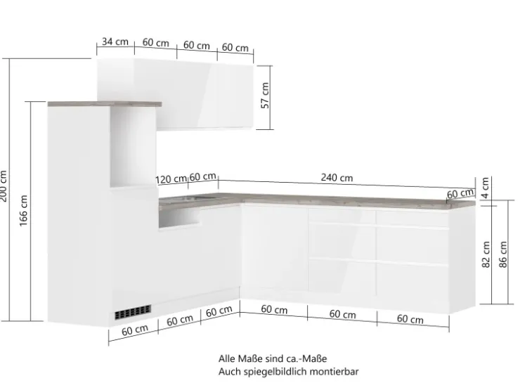 Online Held Möbel Held Küchen Winkelküche Gera 240 cm Weiß/Beton ohne E-Geräte
