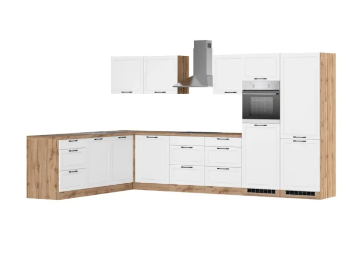 Discount Held Möbel Held Küchen Winkelküche Kempten 360 cm Weiß/Wotan mit E-Geräte