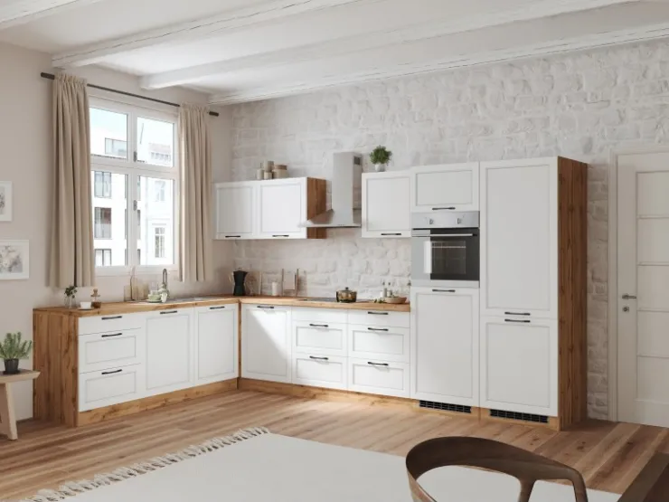 Discount Held Möbel Held Küchen Winkelküche Kempten 360 cm Weiß/Wotan mit E-Geräte
