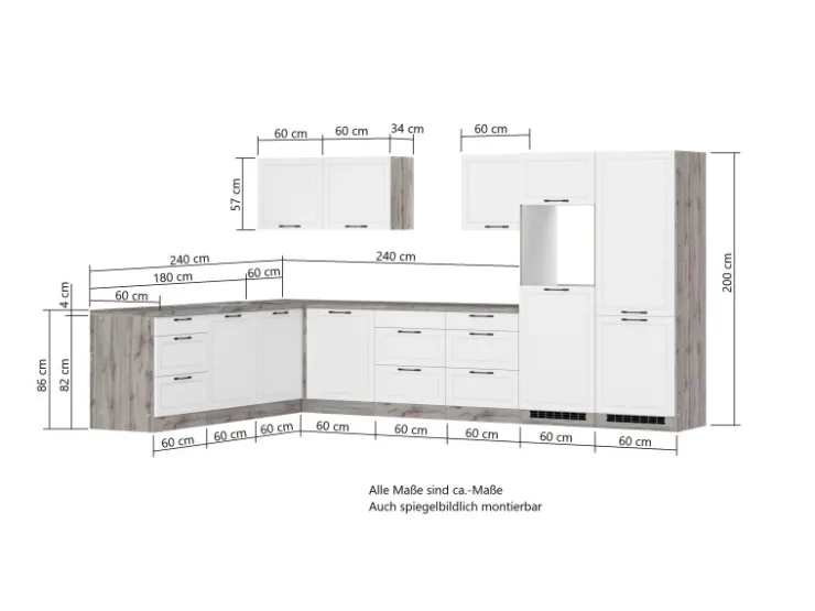 Discount Held Möbel Held Küchen Winkelküche Kempten 360 cm Weiß/Wotan mit E-Geräte