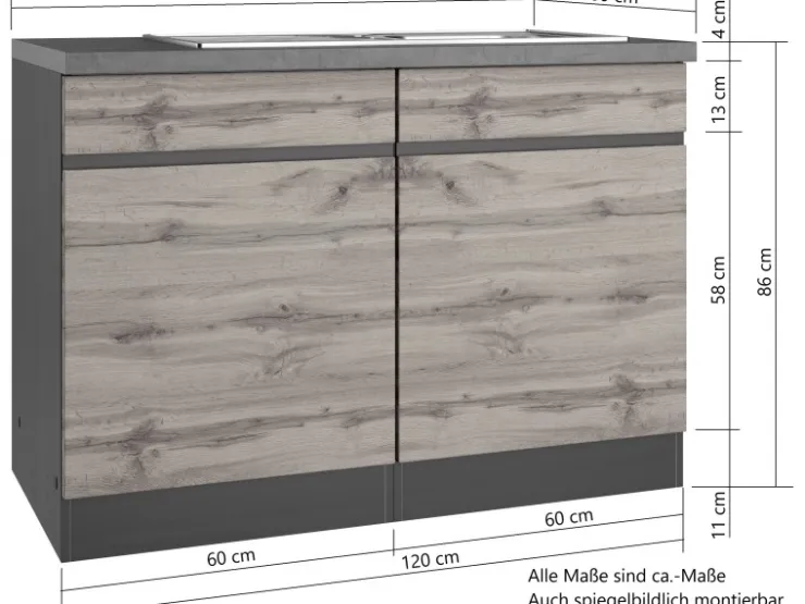 Held Möbel Küchenschränke<Küchen-Spülenunterschrank Turin 120 cm mit 2 Türen Wotaneiche/Graphit Wotaneiche-Graphit