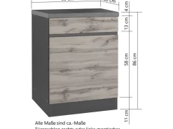 Held Möbel Einbauküchen<Küchenunterschrank Turin 60 cm 1 Tür 1 Schublade Wotaneiche/Graphit Wotaneiche-Graphit