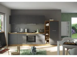 New Küchenzeile 330 cm Matt Grau-Wotaneiche ohne E-Geräte Einbauküchen