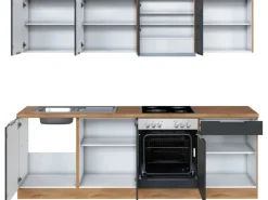 Best Küchenzeile 240 cm Matt Grau-Wotaneiche Herde|Einbauküchen