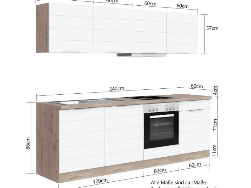 Küchenzeile 240 cm Matt Weiß-Wotaneiche ohne E-Geräte Einbauküchen