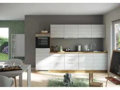 Outlet Küchenzeile 300 cm Matt Weiß-Wotaneiche Kühlschränke