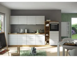 Outlet Küchenzeile 330 cm Matt Weiß-Wotaneiche ohne E-Geräte Kochfelder