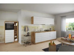 Outlet Küchenzeile 330 cm Matt Weiß-Wotaneiche ohne E-Geräte Kochfelder