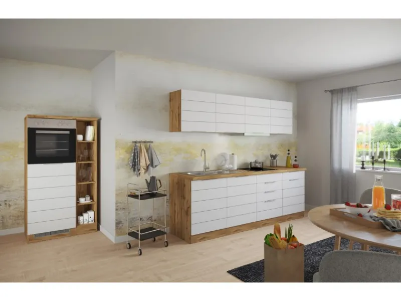 Outlet Küchenzeile 330 cm Matt Weiß-Wotaneiche ohne E-Geräte Kochfelder