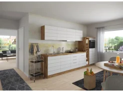 Outlet Küchenzeile 330 cm Matt Weiß-Wotaneiche ohne E-Geräte Kochfelder