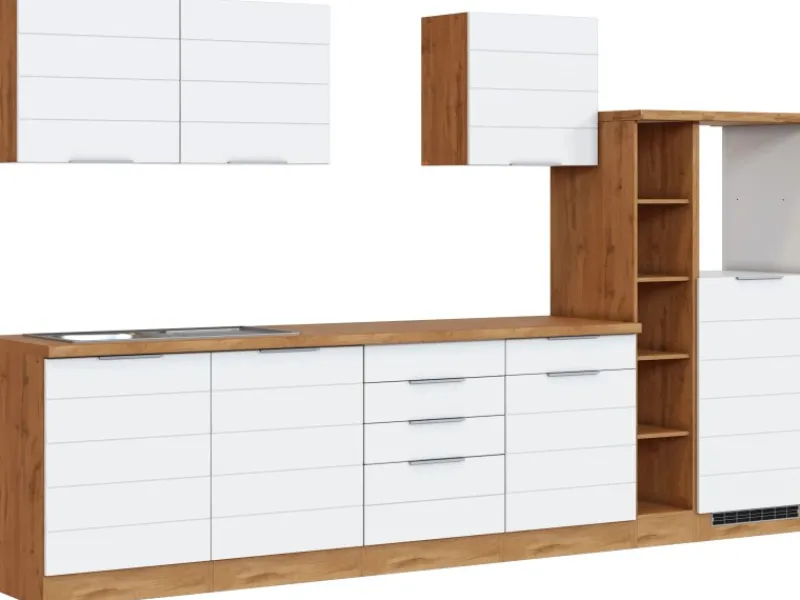 Outlet Küchenzeile 330 cm Matt Weiß-Wotaneiche ohne E-Geräte Kochfelder