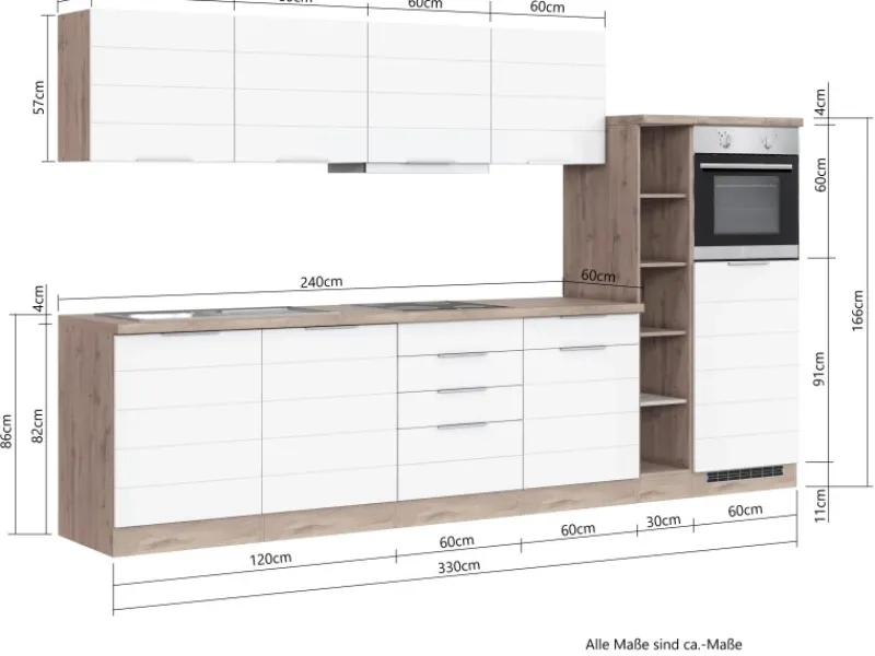 Outlet Küchenzeile 330 cm Matt Weiß-Wotaneiche ohne E-Geräte Kochfelder