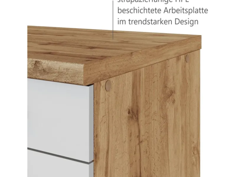 Outlet Küchenzeile 330 cm Matt Weiß-Wotaneiche ohne E-Geräte Kochfelder