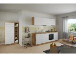 Outlet Küchenzeile 330 cm Matt Weiß-Wotaneiche Einbauküchen|Kühlschränke