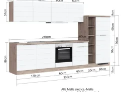 Outlet Küchenzeile 330 cm Matt Weiß-Wotaneiche Einbauküchen|Kühlschränke