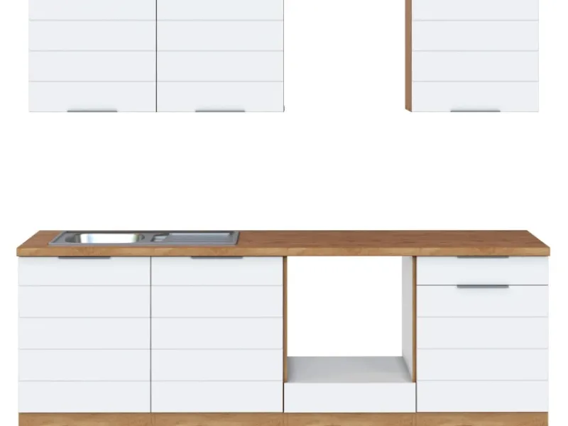 Sale Küchenzeile 240 cm Matt Weiß-Wotaneiche ohne E-Geräte Einbauküchen