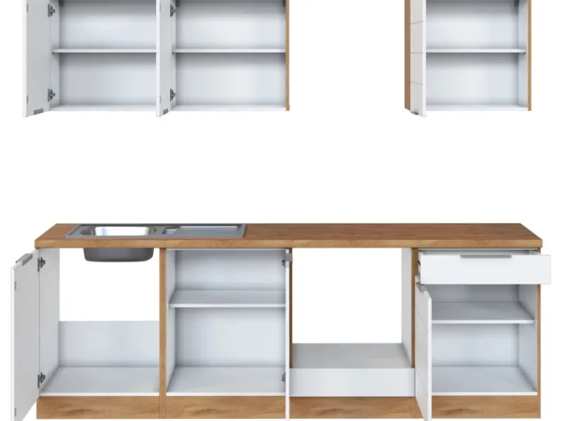 Sale Küchenzeile 240 cm Matt Weiß-Wotaneiche ohne E-Geräte Einbauküchen