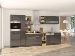Outlet Held Möbel Küchenzeile Mailand 340 cm -Grau Matt mit E-Geräten Grau Hochglanz