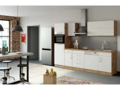 Outlet Küchenzeile Sorrento 270 cm Weiß-Wotaneiche Kochfelder|Kühlschränke