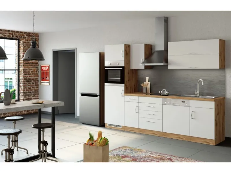 Outlet Küchenzeile Sorrento 270 cm Weiß-Wotaneiche Kochfelder|Kühlschränke