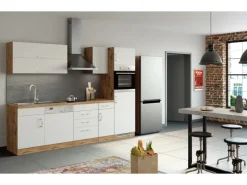 Outlet Küchenzeile Sorrento 270 cm Weiß-Wotaneiche Kochfelder|Kühlschränke