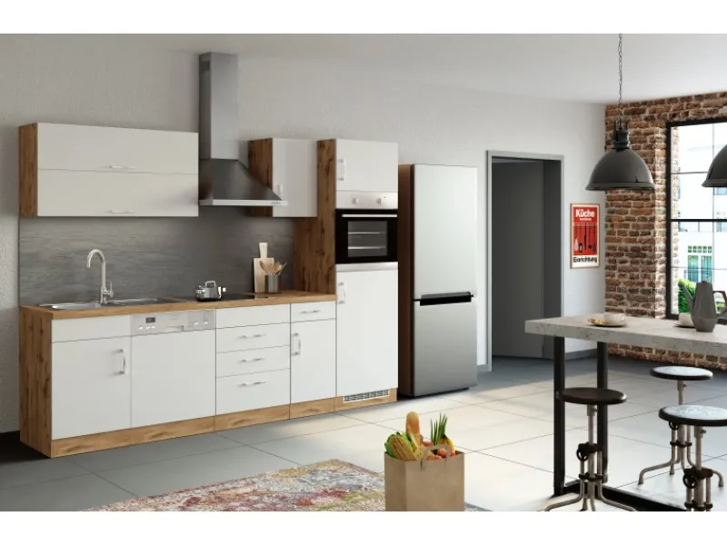 Outlet Küchenzeile Sorrento 270 cm Weiß-Wotaneiche Kochfelder|Kühlschränke
