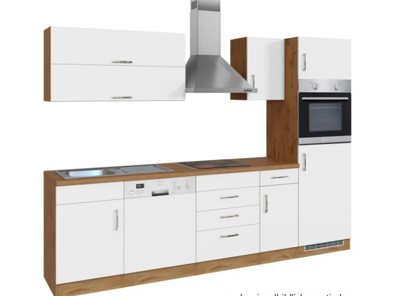 Outlet Küchenzeile Sorrento 270 cm Weiß-Wotaneiche Kochfelder|Kühlschränke