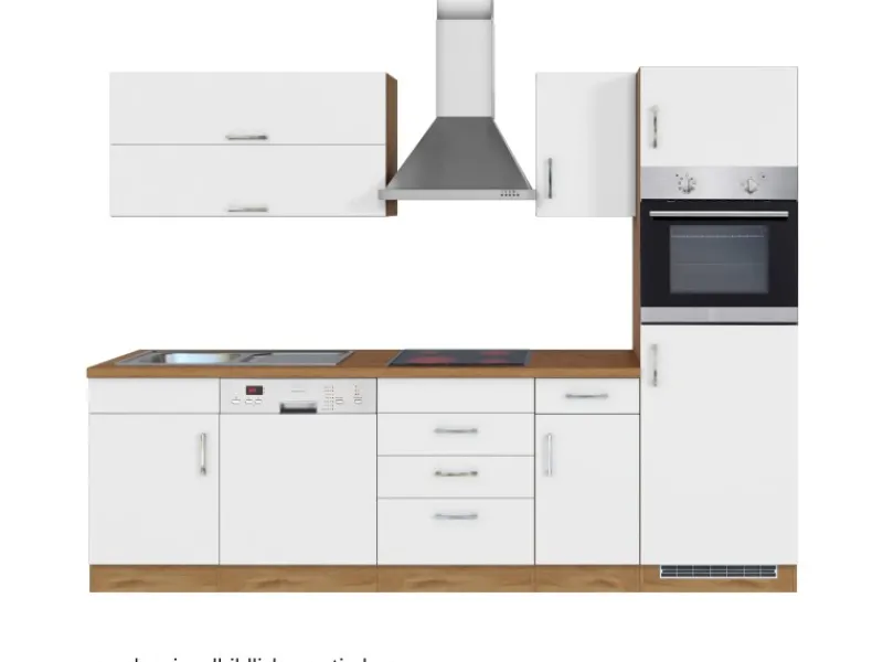 Outlet Küchenzeile Sorrento 270 cm Weiß-Wotaneiche Kochfelder|Kühlschränke