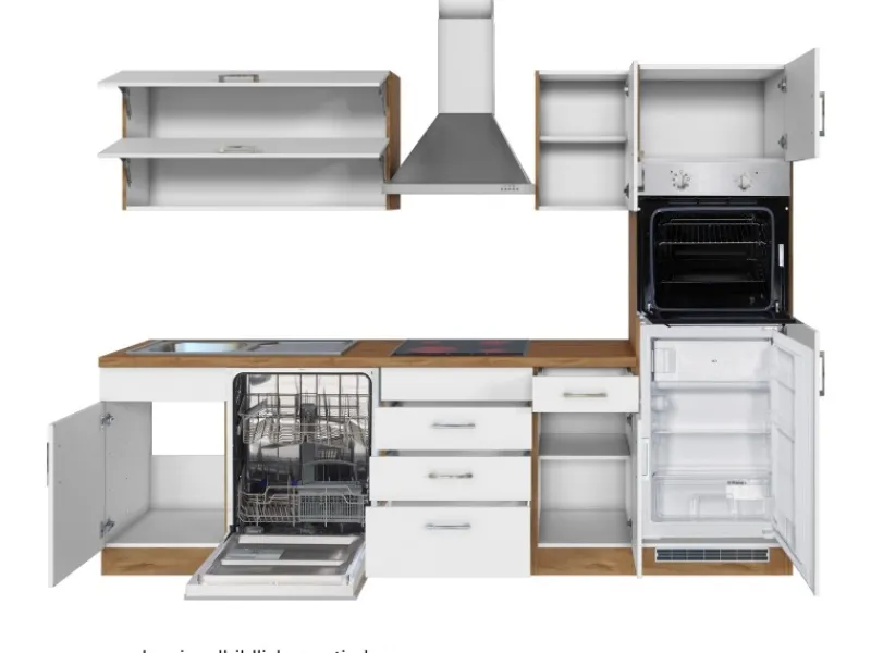 Outlet Küchenzeile Sorrento 270 cm Weiß-Wotaneiche Kochfelder|Kühlschränke