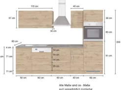 Outlet Küchenzeile Sorrento 270 cm Weiß-Wotaneiche Kochfelder|Kühlschränke