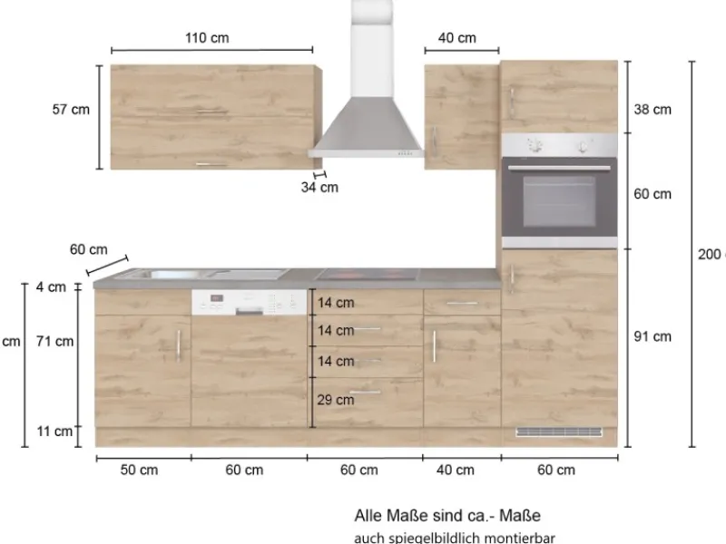 Outlet Küchenzeile Sorrento 270 cm Weiß-Wotaneiche Kochfelder|Kühlschränke