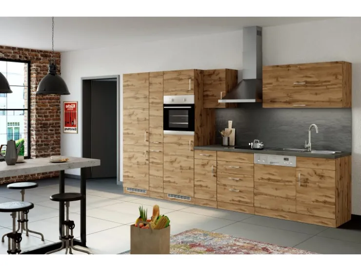 Outlet Küchenzeile Sorrento 360 cm Wotaneiche-Grafit Gefrierschränke|Kochfelder