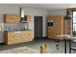 Outlet Küchenzeile Sorrento 360 cm Wotaneiche-Grafit Gefrierschränke|Kochfelder