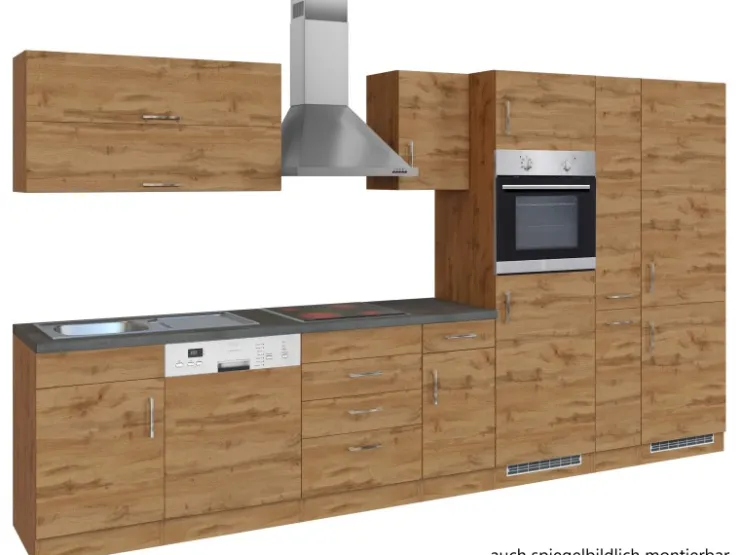 Outlet Küchenzeile Sorrento 360 cm Wotaneiche-Grafit Gefrierschränke|Kochfelder