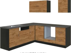 Outlet Küchenzeile Sorrento 210 cm Wotaneiche-Grafit ohne E-Geräte Winkel Winkelküchen|Einbauküchen