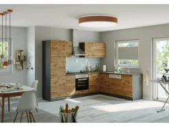 New Küchenzeile Sorrento 210/ 270 cm Wotaneiche-Grafit o. E-Geräte Winkel Winkelküchen|Kühlschränke