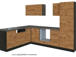 New Küchenzeile Sorrento 210/ 270 cm Wotaneiche-Grafit o. E-Geräte Winkel Winkelküchen|Kühlschränke