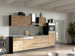 Sale Küchenzeile Turin 300 cm Wotaneiche-Graphit mit E-Geräten Kühlschränke