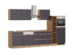 Best Held Möbel Küchenzeile Turin 330 cm mit E-Geräten Graphit-Wotaneiche