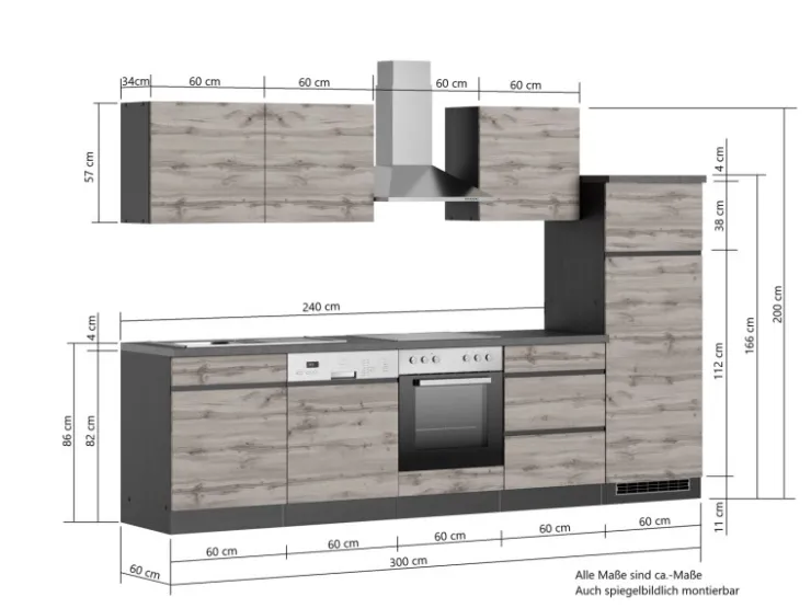Discount Held Möbel Küchenzeile Turin 300 cm mit E-Geräten Graphit-Wotaneiche