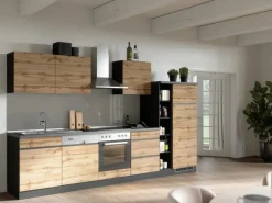 Best Küchenzeile Turin 330 cm Wotaneiche-Graphit mit E-Geräten Kühlschränke|Einbauküchen