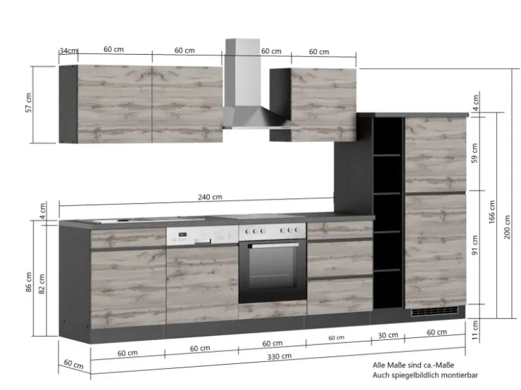 Held Möbel Winkelküchen<Küchenzeile Turin 330 cm mit E-Geräten Graphit-Wotaneiche