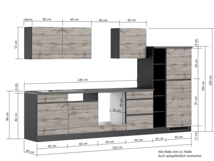 Held Möbel Küchenregale<Küchenzeile Turin 330 cm ohne E-Geräte Graphit-Wotaneiche